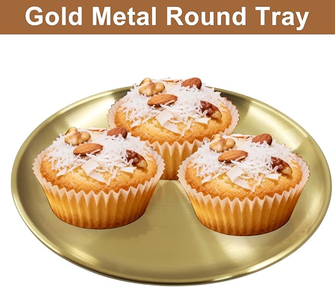 Piutouyar 2 Pcs 20 cm / 7.87 Inch Round Serving Tray, Stainless Steel Circular Metal Platter, Decorative Tray Gold Dinner Dishes for Kitchen, Bathroom, Home
