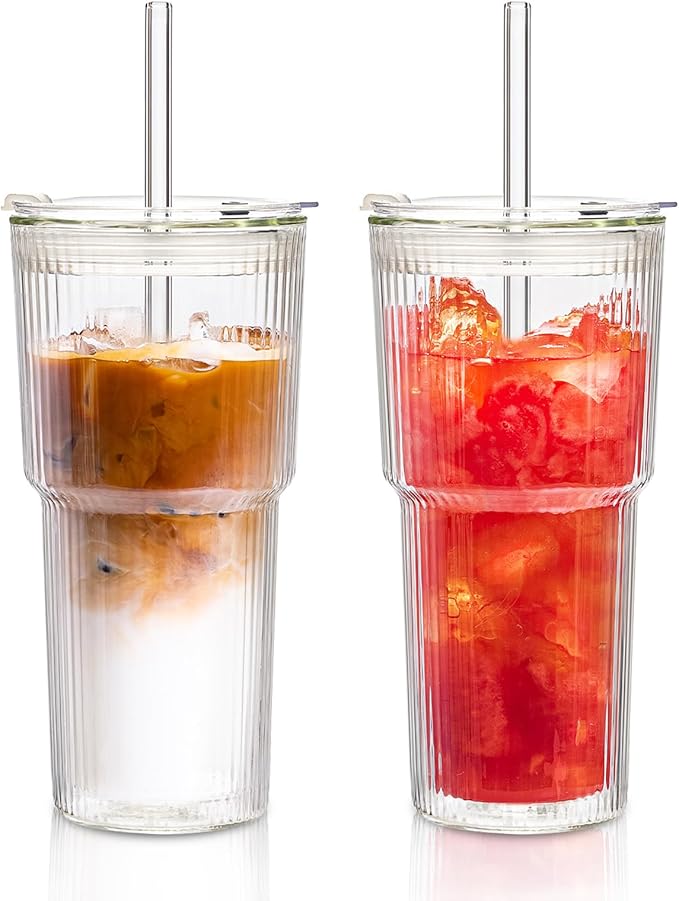 KEMORELA Iced Coffee Cups with Lids 20oz Ribbed Double Wall Glass Cups with Lids and Straws 2PCS, Coffee Bar Accessories， Insulated Borosilicate Glass Tumblers, To Go Coffee Cups, Spill proof tumbler