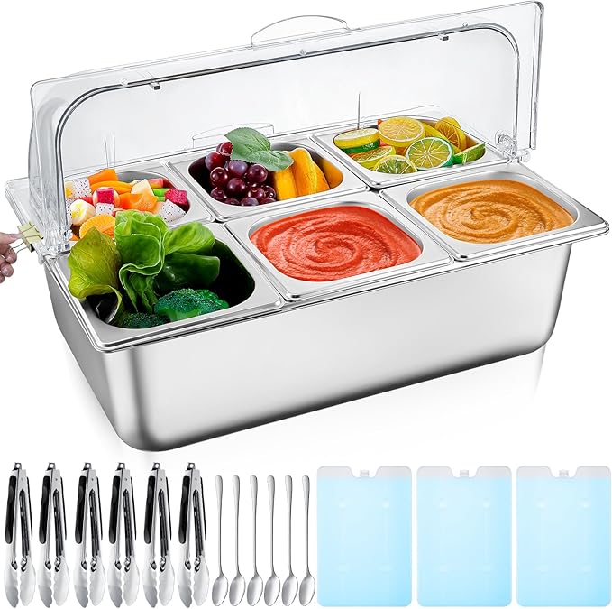 Tessco for you 16 Pcs Ice Food Spice Serving Display Countertop Chilled Condiment Container Set with Lid, Stainless Steel Salad Cold Caddy for Buffet Restaurant Kitchen Party(6 Compartments)