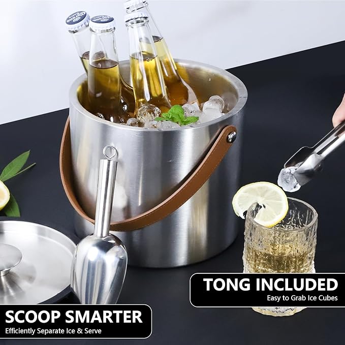 4L Ice Bucket with Lid, Scoop,Tongs & Strainer, Stainless Steel Double Wall Insulated Ice Buckets for Parties & Cocktail Bar, Large Outdoor Champagne Ice Container, Light Brown Handle