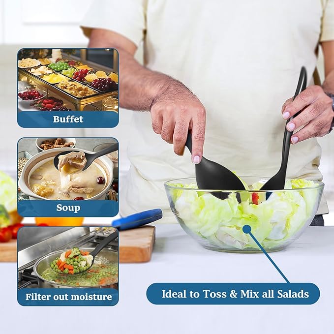 Reusable Plastic Serving Utensils Set of 24, Wheat straw Large Serving set 10" Serving Spoons/10" Slotted Spoons/9.4" Tongs, for Party Chafing Dish Buffet Catering (Black, Not for Cooking)