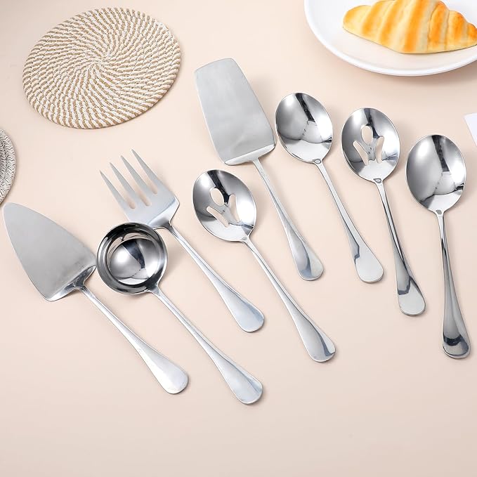 8 Pcs Stainless Steel Serving Utensils, Serving Set with Serving Spoons,Serving Fork,Soup Ladle,Lasagna Server,Pie Server,Polished Serving Utensil Set for Buffet Parties Home,Dishwasher Safe