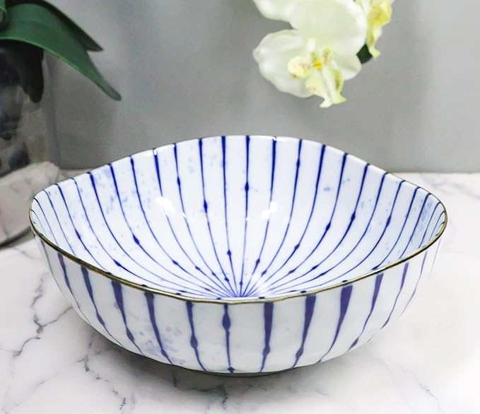 Ebros Gift Artistic Blue Waves Fubuki Tokusa Made In Japan Dinnerware Serveware Kitchenware Set Asian Japanese Restaurant Supply (Pack Of 4 Round Flair Medium Shallow Bowls 44oz)