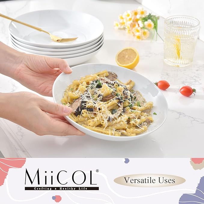 Miicol White Pasta Bowls 28 oz, Ceramic Salad Bowls Set of 6, Wide and Shallow Serving Bowl 8.25 inch, Large Pasta Plates, Serving Dish for Soup, Dinner, Microwave and Dishwasher Safe
