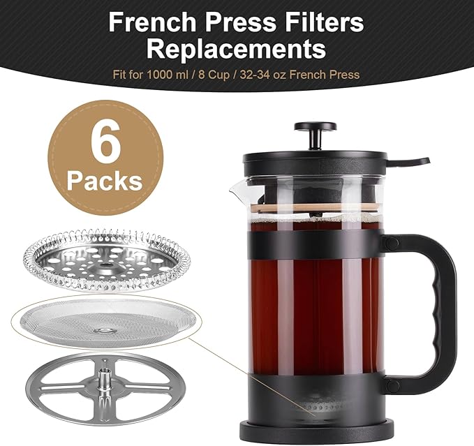 6 Packs French Press Filters Replacements, 4 Inch Premium Stainless Steel French Press Screen Replacement for 1000 Ml/ 34 Oz/ 8 Cup French Press Coffee and Tea Makers by ES NATAURA
