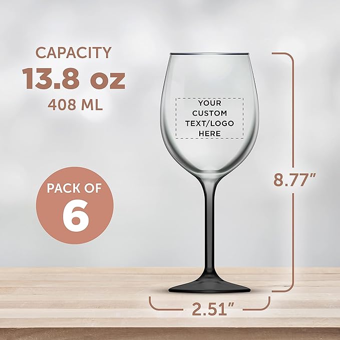 Custom Wine Glasses 14 oz. Set of 6, Personalized Bulk Pack - Restaurant Glassware, Perfect for Red Wine, White Wine, Cocktails and More - Black
