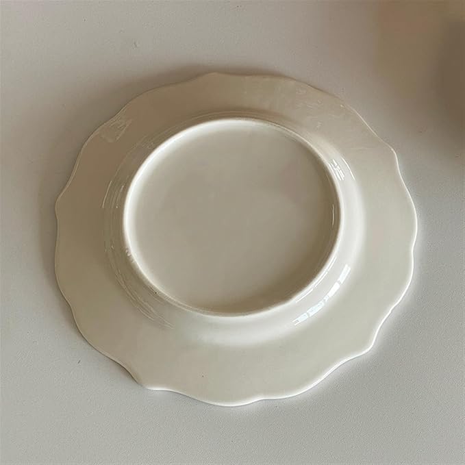 SONGCHAO Party Supplies White Embossed Lace Flat Ceramic Plate Home Restaurant Cake Dessert Plate Round Irregular Edge Breakfast Plate Party Plates
