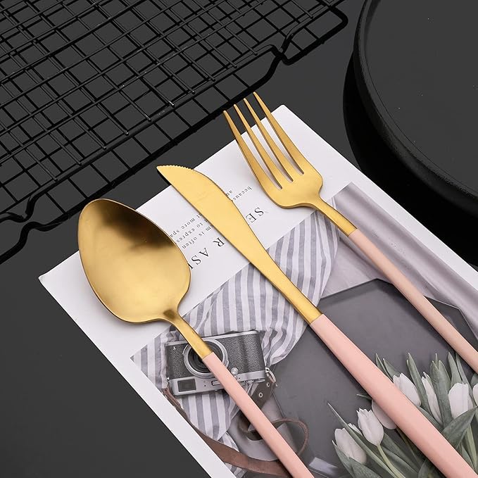 JASHII Matte Pink and Gold Silverware Set, 304 Stainless Steel Flatware Set Service for 4, Tableware Cutlery Set for Home Restaurant Party, Dinner Forks/Spoons/Knives, Slim Handle, Dishwasher Safe