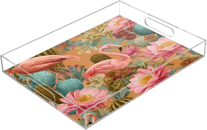 Serving Tray with Handles Clear Acrylic Tray 12x16 Inch Decorative Rectangular Tray Organizer for Ottoman Coffee Table Bathroom Orange Flamingos and Green Cactus Flowers