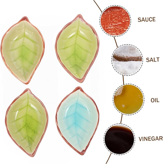 4pcs Leaf-shaped Ceramic Plates for Sauce Dips and Snacks Versatile Dessert and Seasoning Bowls Random Patterns Home Kitchen and Entertaining