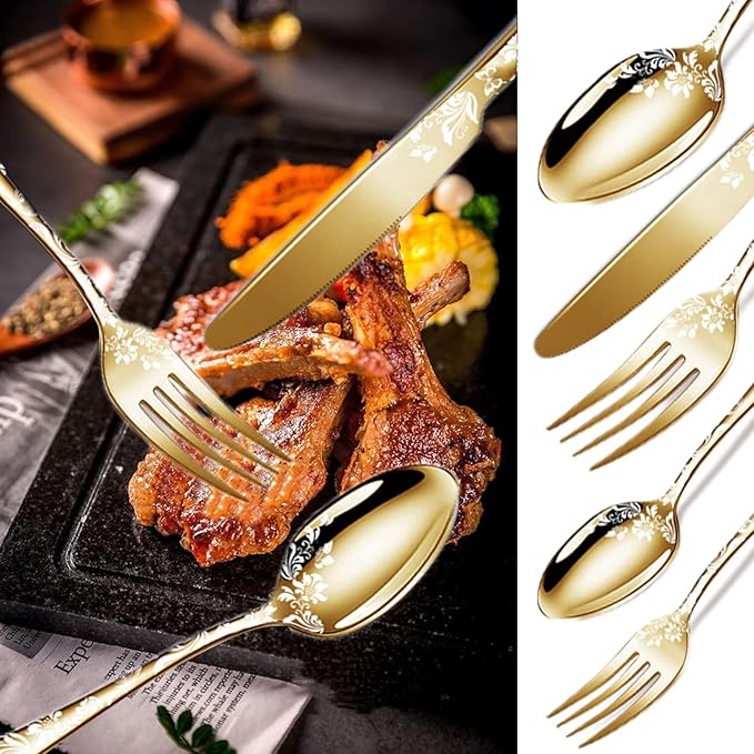 vilihkc Vilihkc 20 piece Unique Pattern Design Silverware Set, Stainless Steel Flatware Set Service for 4, gold Cutlery Set, Mirror Polished Utensil Set for Kitchen, Dishwasher Safe
