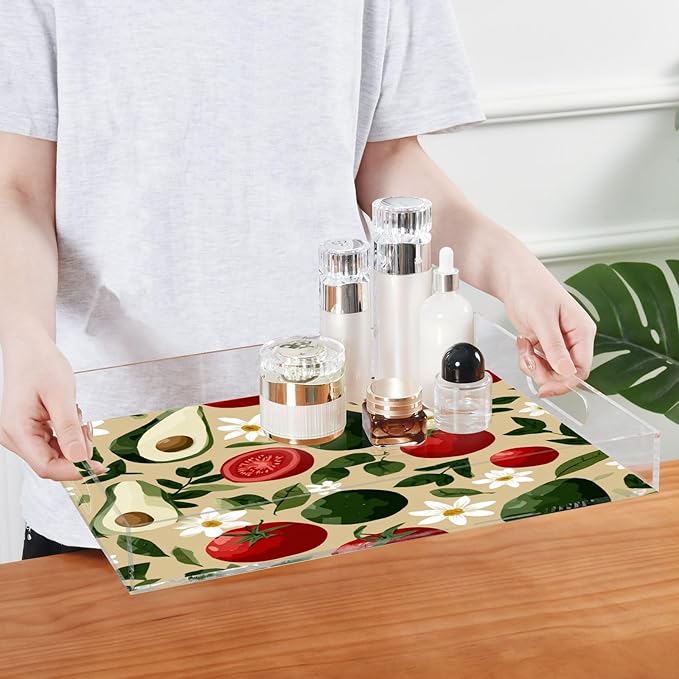 Serving Tray with Handles Clear Acrylic Tray 12x16 Inch Decorative Rectangular Tray Organizer for Ottoman Coffee Table Bathroom Avocados Tomatoes Floral Leaves Beige