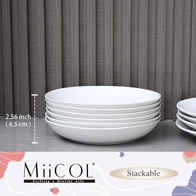 Miicol White Pasta Bowls 28 oz, Ceramic Salad Bowls Set of 6, Wide and Shallow Serving Bowl 8.25 inch, Large Pasta Plates, Serving Dish for Soup, Dinner, Microwave and Dishwasher Safe