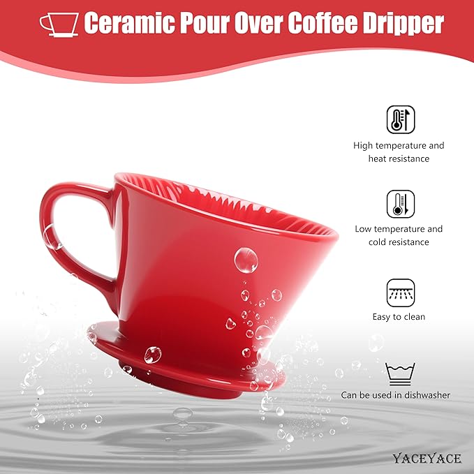 Pour Over Coffee Dripper, Single Red Ceramic Pour Over, Medium Pour Over Coffee with 3 Holes