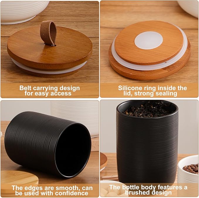 Simcat Ceramic Canister Set Kitchen Airtight Food Storage Jar with Bamboo Lids Coffee Sugar Tea Storage Containers (Little black with belt-8.8oz)