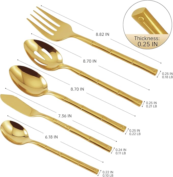 Silverware Serving Set Gold Flatware Set Stainless Steel Bamboo Handle Cutlery Set Mirror Polished 45 Pieces for Home Kitchen Restaurant Hotel Wedding Housewarming Gift Service for 8