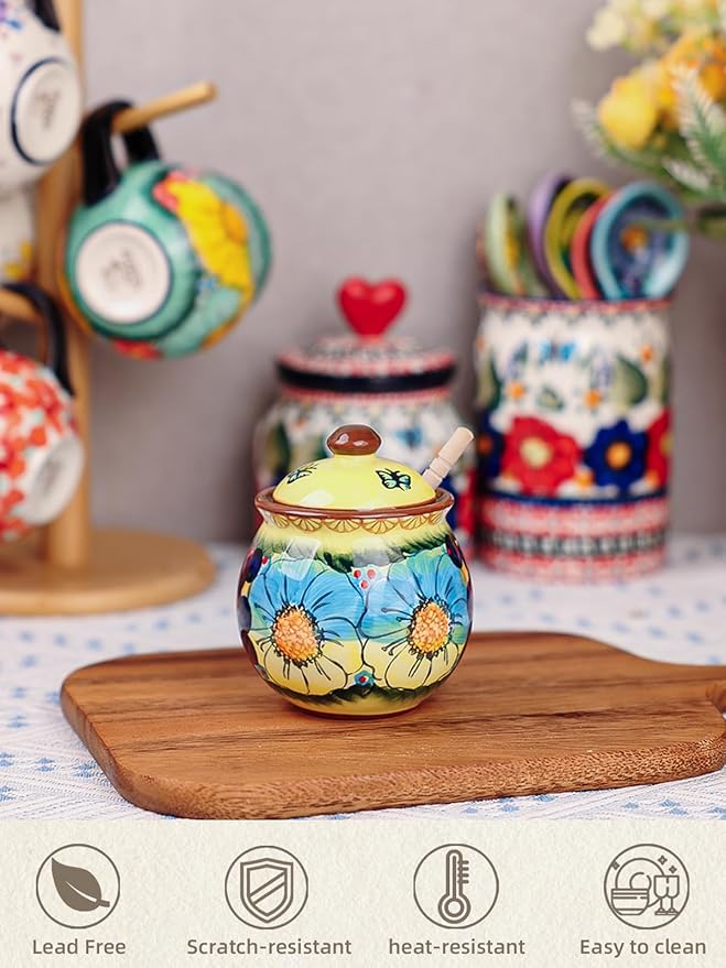 silesia Handmade Ceramic Honey Jar with Lid, 8 oz Floral Design Honey Pot with Dipper, Hand-Painted Honey Containers for Honey, Jam, or Syrup, Dishwasher Safe (Glazed Yellow)