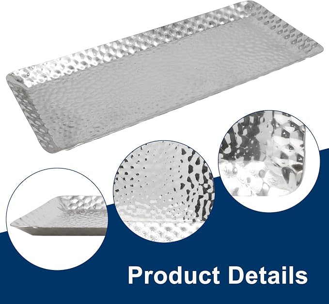 Silver Hammered Rectangular Platter Serving Trays, Decorative Stainless Steel Reusable Dessert Plates for Living Room Kitchen/Hosts(9.8 x 4.3 Inch, 1 Pack)
