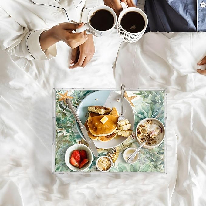 Serving Tray with Handles Clear Acrylic Tray 12x16 Inch Decorative Rectangular Tray Organizer for Ottoman Coffee Table Bathroom Sea Turtle Starfish Plants