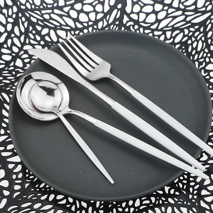 Silverware Set, 24-Piece Stainless Steel Shiny Flatware, Tableware Cutlery for Home and Restaurant, Dishwasher Safe, White Handle Silver