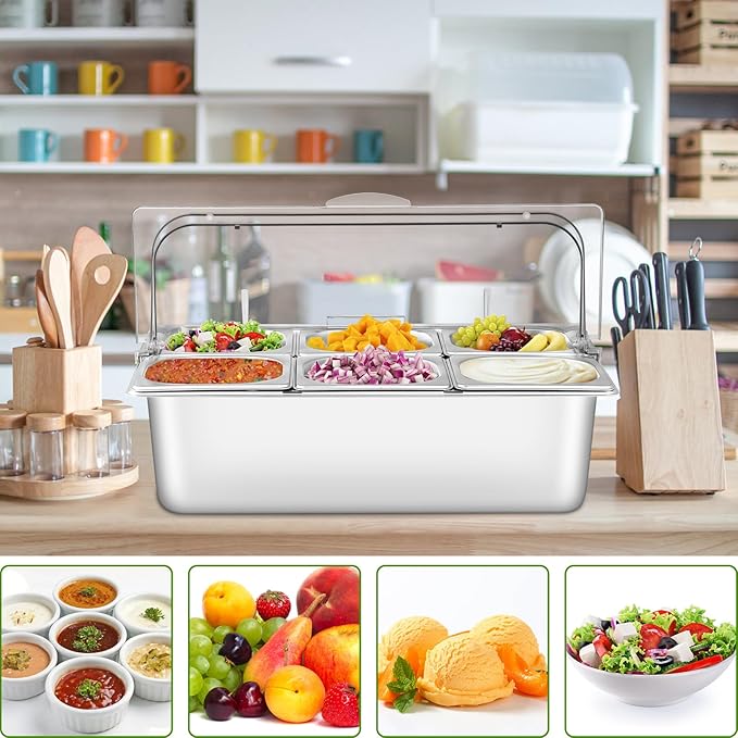 Countertop Food Serving Display Container with Clear Roll Top Cover, Stainless Steel Salad Serving Tray Condiment Dispenser Ice Food Serving Display Tray for Buffet Restaurant Kitchen Party(6 Pan)