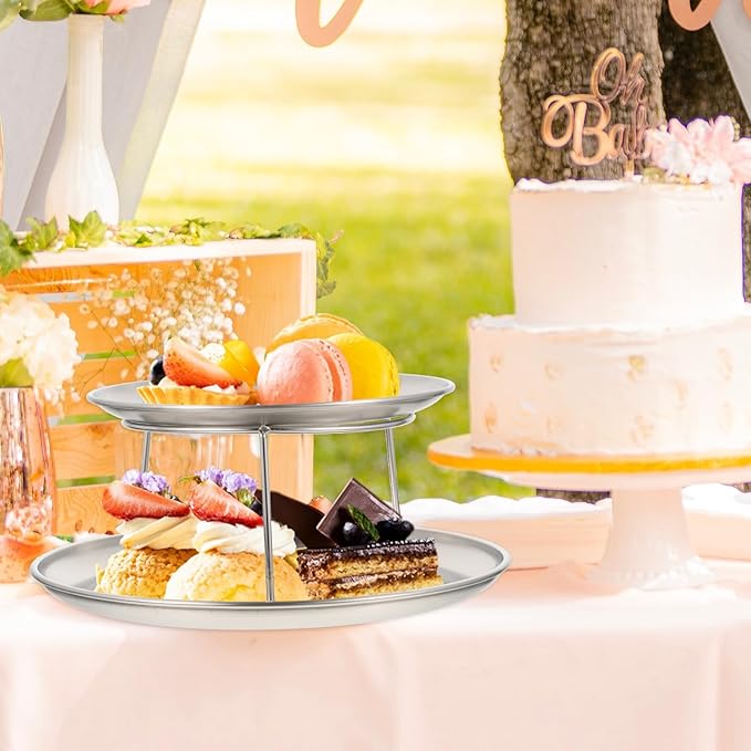 UPKOCH 2 Tier Stainless Steel Serving Tray Set, Metal Cupcake Stand & Seafood Platter for Party, Silver Round Dessert Display Plates for Afternoon Tea, Baby Shower