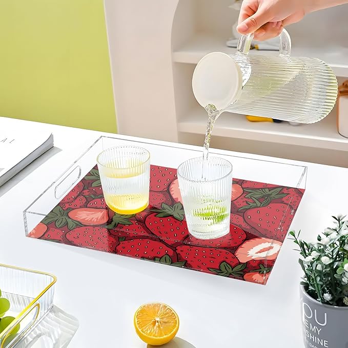 Serving Tray with Handles Clear Acrylic Tray 12x16 Inch Decorative Rectangular Tray Organizer for Ottoman Coffee Table Bathroom Cartoon Red Strawberry