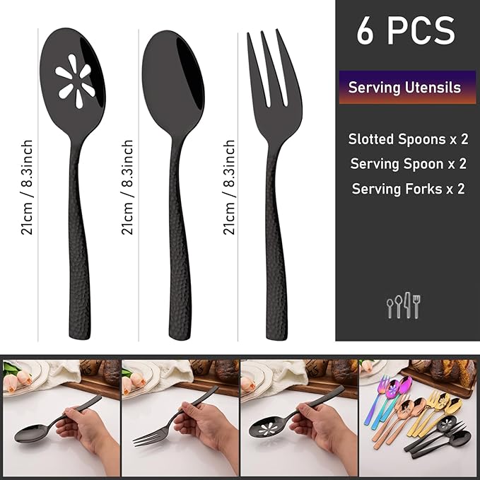 6 PCS Hammered Serving Utensils, Uniturcky Stainless Steel Serving Spoons Set, Square and Thick Hostess Serving Set, Includes 2 Serving Spoon 2 Serving Fork and 2 Slotted Spoon, Mirror Black