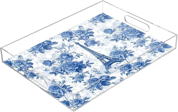 Serving Tray with Handles Clear Acrylic Tray 12x16 Inch Decorative Rectangular Tray Organizer for Ottoman Coffee Table Bathroom Blue Roses and Eiffel Tower