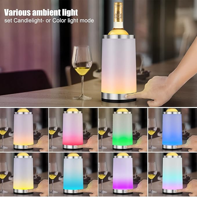 Elrigs Wine Chiller with RGB Touch Lamp| Wine Bottle Cooler Bucket| Double Walled Insulator with 2 Ice Pack for 750ml Champagne| Perfect Wine Gifts for Women/Men| Wine Accessories for Party/Dinner