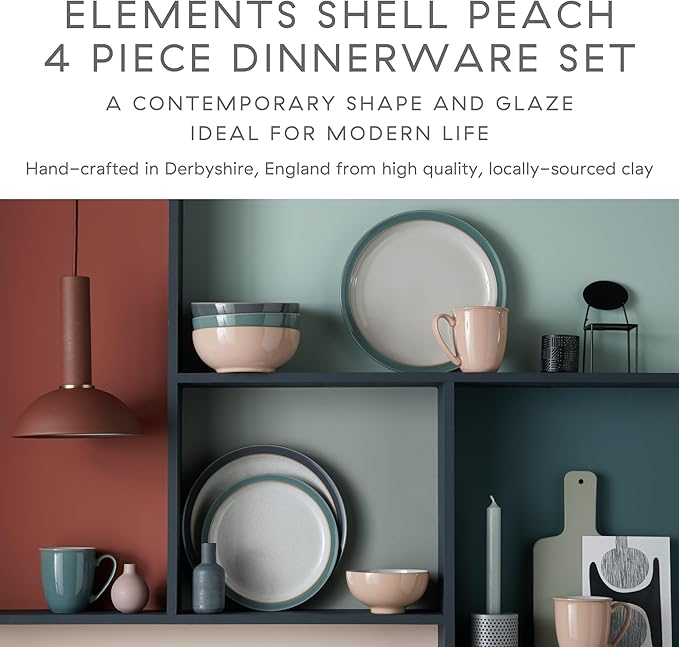 Denby - Elements Shell Peach Dinner Set For 1-4 Piece Ceramic Tableware - Dishwasher Microwave Safe Crockery Single Place Setting - 1 x Dinner Plate, 1 x Small Plate, 1 x Cereal Bowl, 1 x Coffee Mug