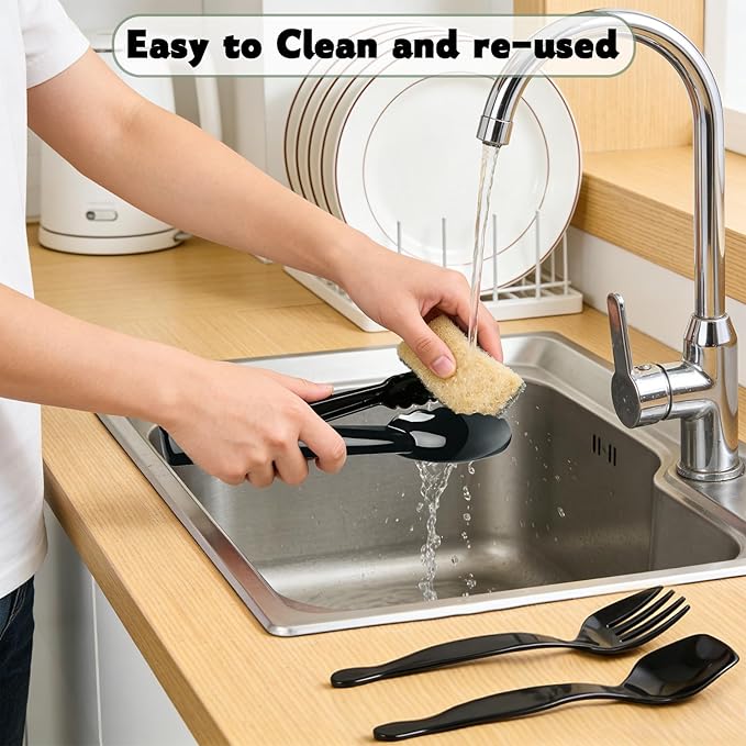 24 Pcs Black Plastic Serving Utensils Set - Large Serving Tongs, Serving Forks, Serving Spoons - Heavy Duty Disposable Serving Utensils for Parties, Buffet, Catering Supplies (Black, 24 Pcs)