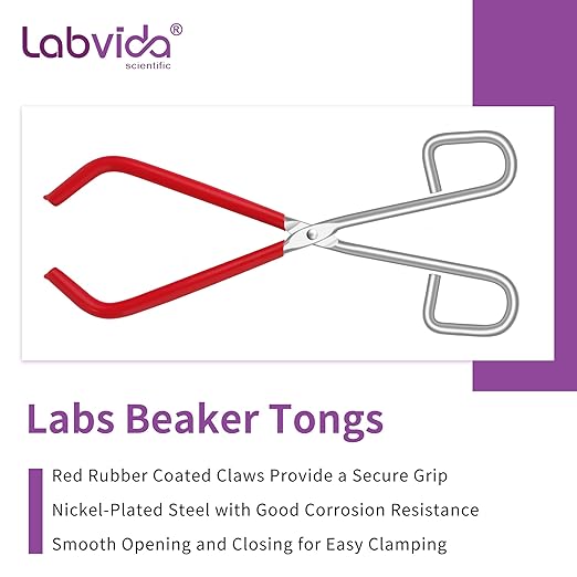 Labs Beaker Tongs, Red Rubber Coated Ends, Nickel Plated 1/4" Steel, for 50mL - 2000mL Capacity, Durable Beaker Clip Pliers Tool Used in Laboratories and Household