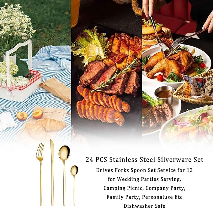 24 Piece Dining Service for 6, Kitchen Utensil Serving Set Include Knives/Forks/Spoons for Tableware, Formal Events, Parties, Dishwasher Safe(Size:A,Color:Gold)