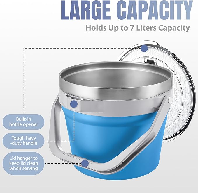 COKTIK 7L Vacuum Insulated Ice Bucket with Lid and Scoop& Tongs，Large capacity Stainless Steel Beverage Bucket for Cocktail, Champagne, Wine, Beer，Large Parties（Blue Suit）