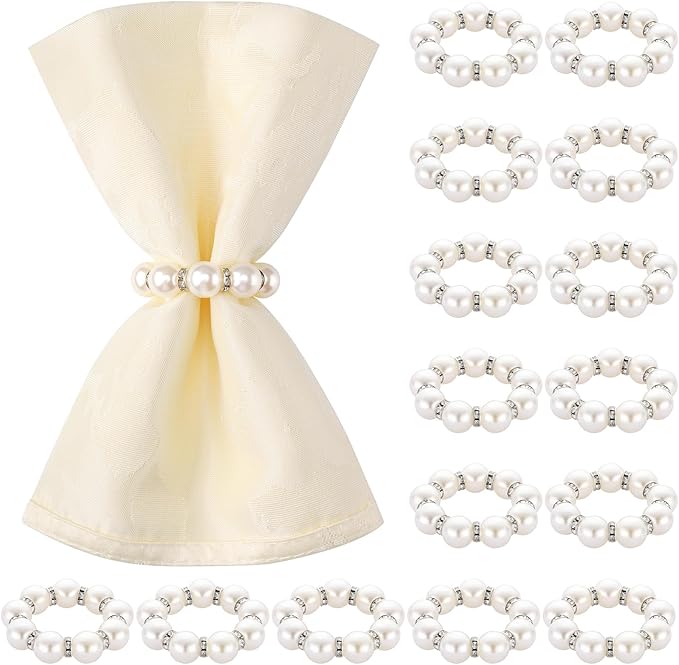 Suream 15 Pcs Napkin Rings Silver, Beaded Napkin Rings for Wedding Dinner Table Banquet Home Party Decor(White&Silver, 2 Inch)