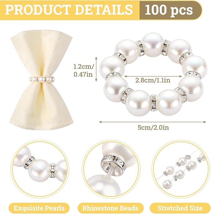 Suream 15 Pcs Napkin Rings Silver, Beaded Napkin Rings for Wedding Dinner Table Banquet Home Party Decor(White&Silver, 2 Inch)