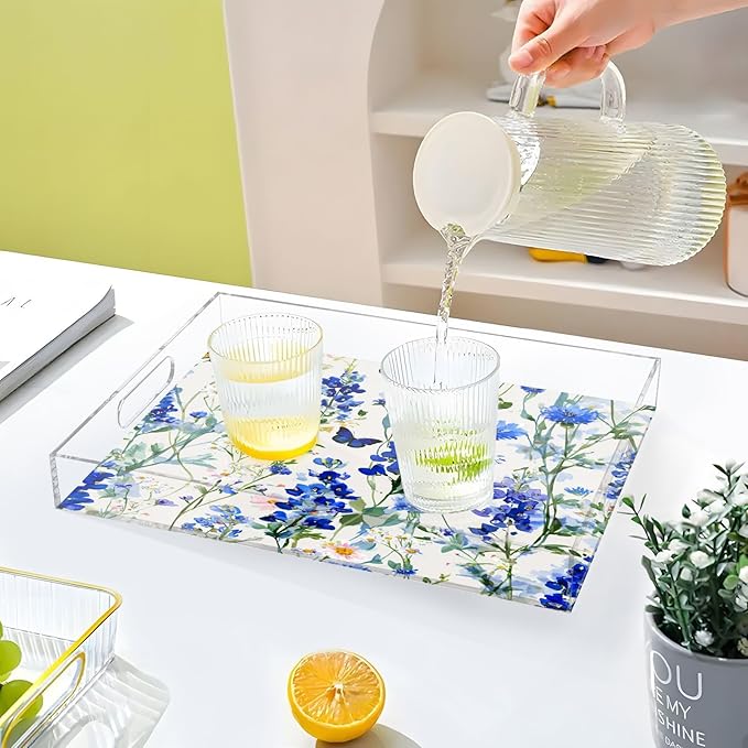 Serving Tray with Handles Clear Acrylic Tray 12x16 Inch Decorative Rectangular Tray Organizer for Ottoman Coffee Table Bathroom Dark Bluebonnet Cornflower