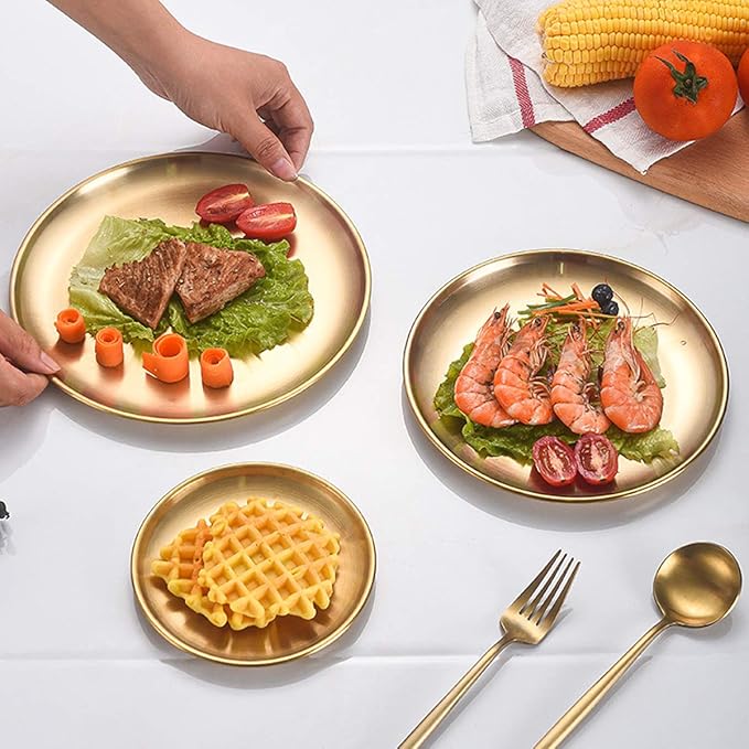 Stainless Steel Gold Plates 2 Set Round Dinner Dishes 10 Inch Metal Plates Great for Picnic,Outdoor Camping Plate,Shatterproof Dishwasher Safe