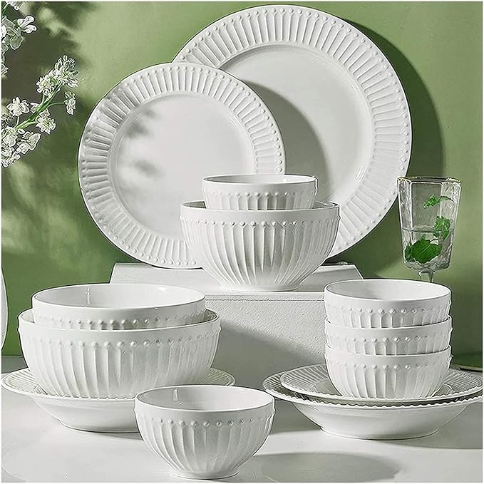 Dinnerware Set Dinner Party Tableware Service Set Ceramics Dinner Sets, 56 Pieces Relief Stripe Cereal Bowl and Steak Plate Set | Pure White Porcelain Dinnerware Set for Family Gathering