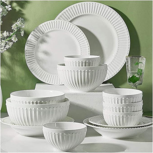 Dinnerware Set Dinner Party Tableware Service Set Ceramics Dinner Sets, 56 Pieces Relief Stripe Cereal Bowl and Steak Plate Set | Pure White Porcelain Dinnerware Set for Family Gathering