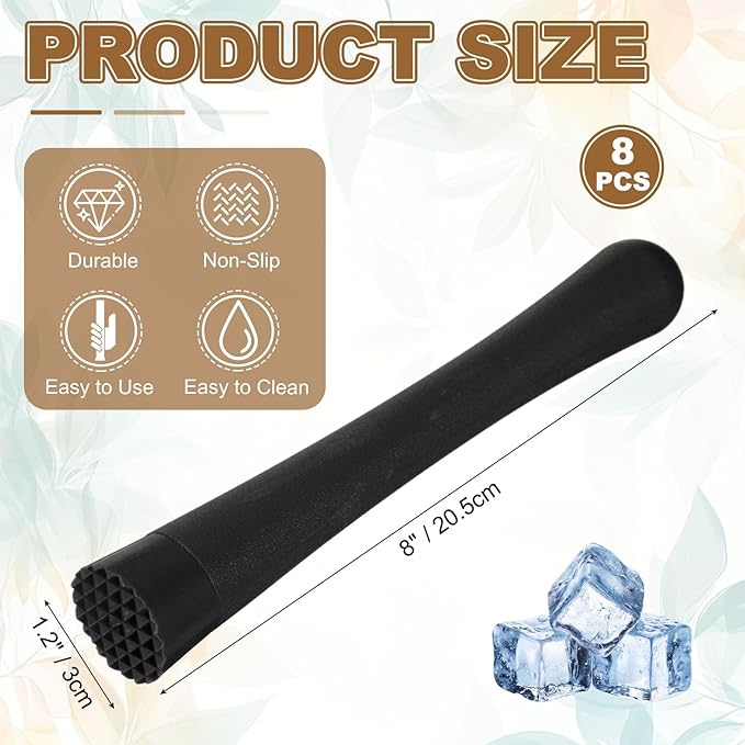 uxcell 8 Pcs Cocktail Muddler, 8 Inch PP Drink Muddler Bar Accessories Tools Ice Crusher for Home Party Cocktail Fruit Drinks, Black (Thick)