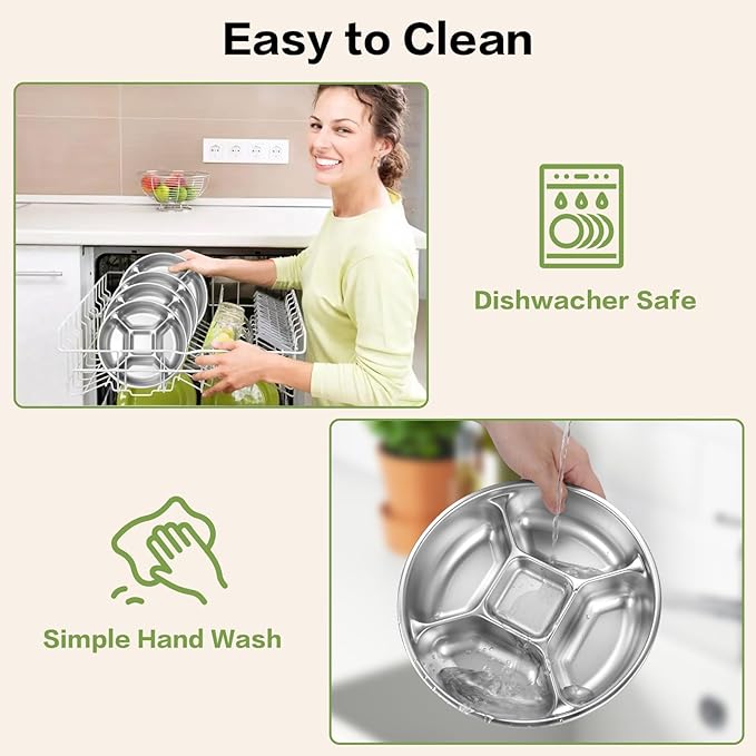 Stainless Steel Divided Dinner Plate 8'' Reusable Portion Control Plate - Metal Separated Plates & Lunch Dinner Plates Set - Round Serving Platter, BPA-Free Microwave-Safe for Meal Prep, Work & Family