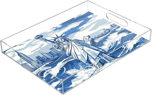 Serving Tray with Handles Clear Acrylic Tray 12x16 Inch Decorative Rectangular Tray Organizer for Ottoman Coffee Table Bathroom Statue of Liberty New York Skyline Waves Blue