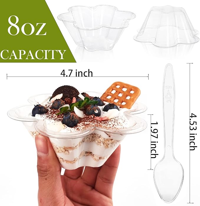 100ct 8oz Clear Plastic Dessert Cups with Spoons, Disposable Flower Shaped Ice Cream Bowls, Party Sundae Serving Bowls for Ice Cream, Nuts and Salad, Trifle Tasters Containers