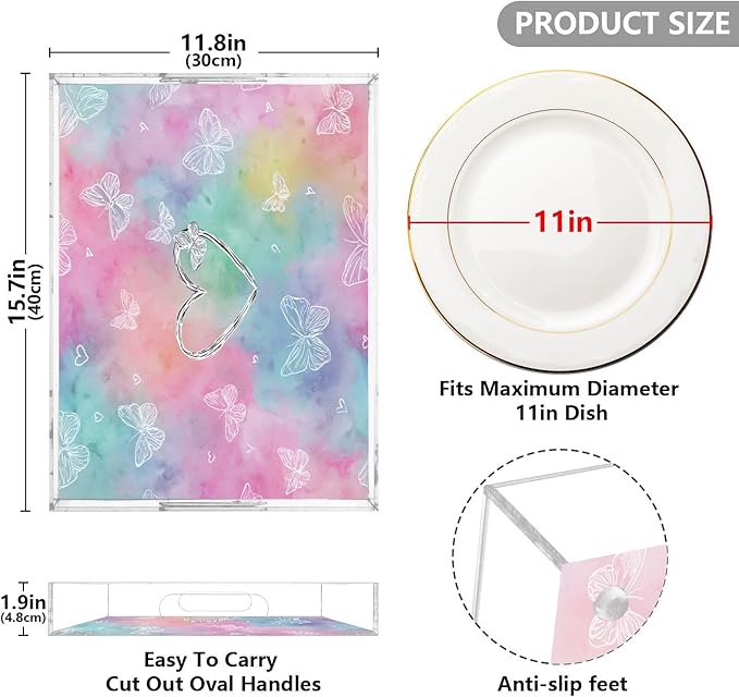 Serving Tray with Handles Clear Acrylic Tray 12x16 Inch Decorative Rectangular Tray Organizer for Ottoman Coffee Table Bathroom Tie Dye Heart Butterflies