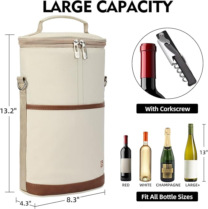 ALLCAMP 2 Bottle Wine Tote Carrier - Insulated Portable Padded Canvas Wine Bag for Travel, BYOB Restaurant, Wine Tasting, Party, Great Christmas Day Gift for Wine Lover，Cream-colored