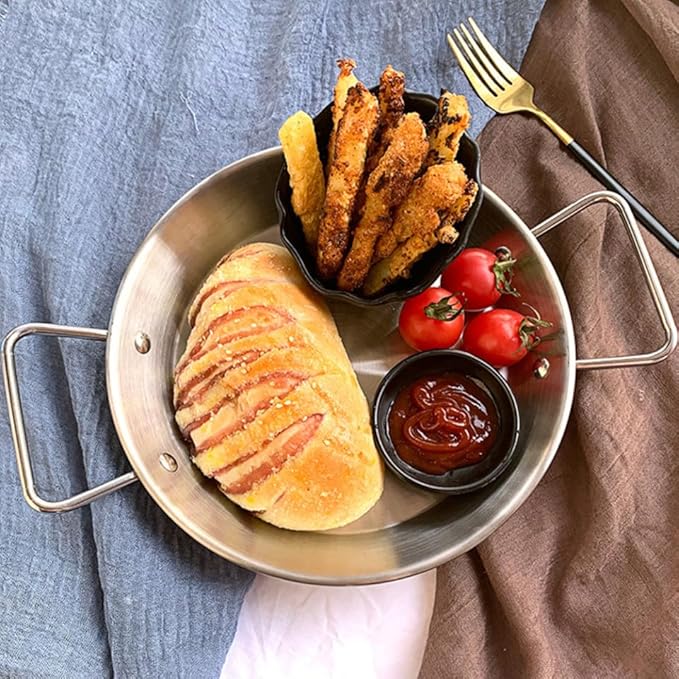 Stainless Steel Double Handle Serving Tray 32cm Snack Plate for Afternoon Tea Picnic Food and Dried Fruits Silver Color Anti-Scalding Design