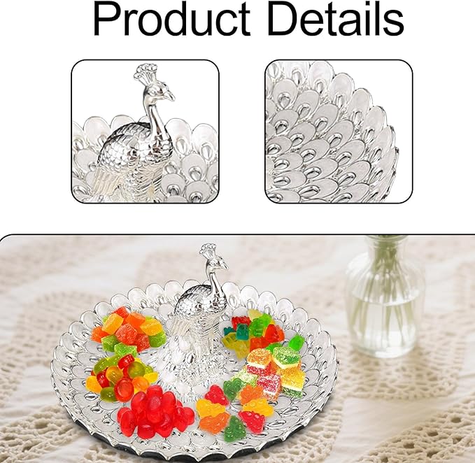 Fruit Dish Cosmetic Tray Peacock Sturdy Snack Storage Plate Vanity Storage Holder Serving Tray for Trinket Jewelry Wedding, Silver White