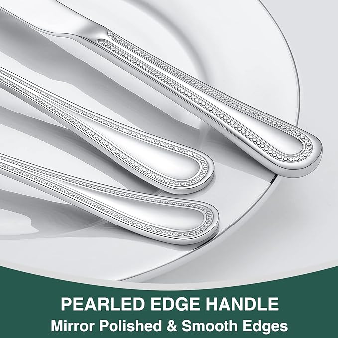 60 Pieces Silverware Set, Pearled Edge Silverware Cutlery Set Service for 12, Premium Stainless Steel Flatware Set, Knife Fork Spoon Tableware Set for Home, Restaurant, hotel, Dishwasher Safe